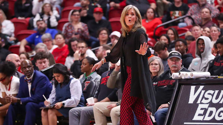 Texas Tech head coach Krista Gerlich looks to her team during a Big 12 Conference women's basketball game, Tuesday, Jan. 13, 2026, in United Supermarkets Arena.