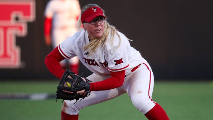 Texas Tech's Mia Williams gathers to throw against Abilene Christian a Division I non-conference softball game, Thursday, Feb. 26, 2026, at Rocky Johnson Field.