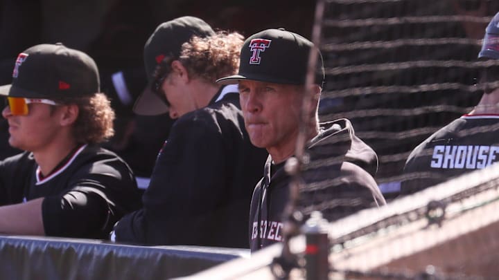 Texas Tech head coach Tim Tadlock looks on from the dugout during a non-conference baseball game, Friday, Feb. 20, 2026, at Rip Griffin Park.
