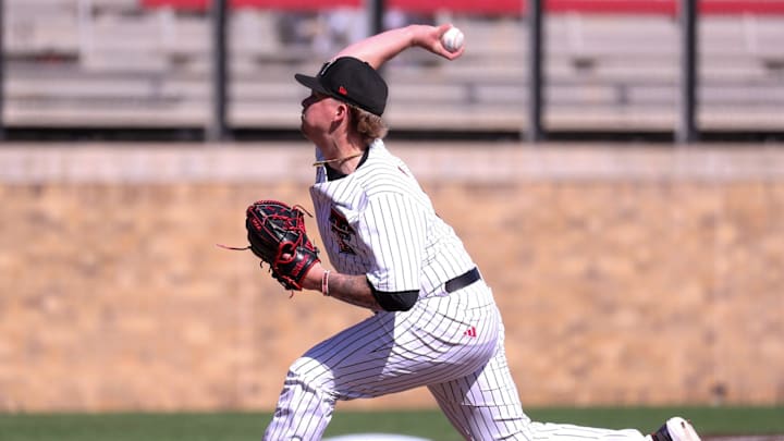 Texas Tech's Kayson Raineri delivers a pitch against UAlbany during a non-conference baseball game, Sunday, Feb. 22, 2026, at Rip Griffin Park.