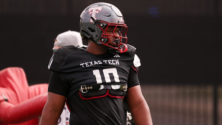 Texas Tech's A.J. Holmes goes through a drill during spring football practice, Tuesday, April 7, 2026, at the Womble Football Center.
