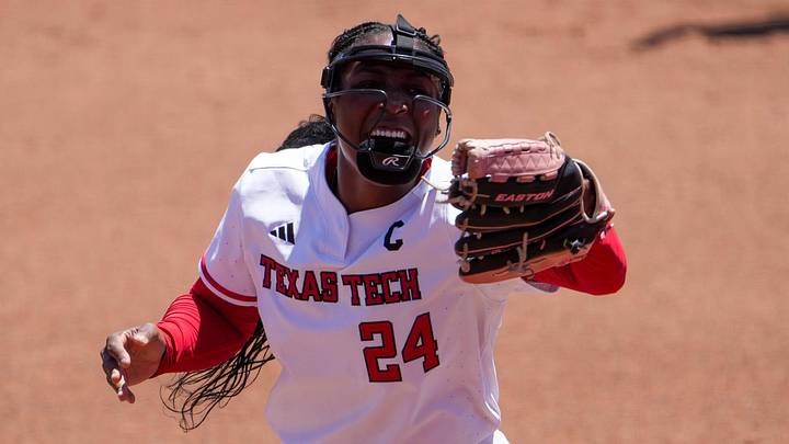 Texas Tech's NiJaree Canady reacts to a strikeout against Ole Miss during the Lubbock Regional of the NCAA Division I softball tournament, Saturday, May 16, 2026, at Tracy Sellers Field.