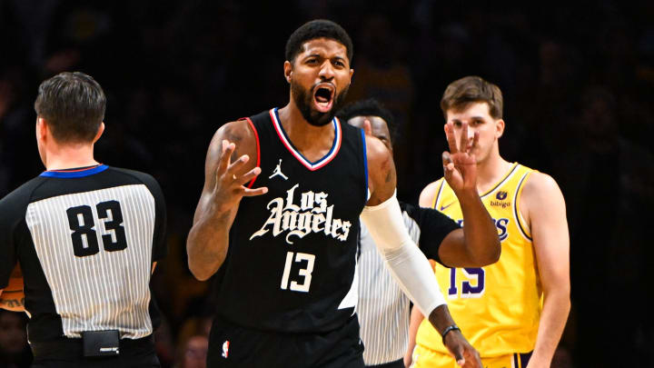 Nov 1, 2023; Los Angeles, California, USA;  LA Clippers forward Paul George (13) reacts against the Los Angeles Lakers during the second half at Crypto.com Arena. Mandatory Credit: Jonathan Hui-USA TODAY Sports