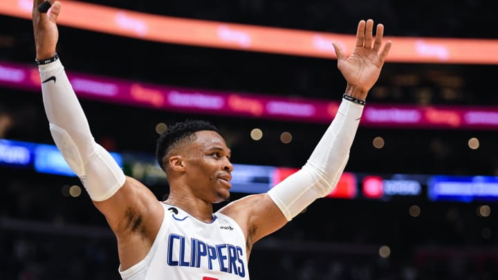 Mar 5, 2023; Los Angeles, California, USA; LA Clippers guard Russell Westbrook (0) celebrates against Memphis Grizzlies during fourth quarter at Crypto.com Arena. Mandatory Credit: Jonathan Hui-USA TODAY Sports