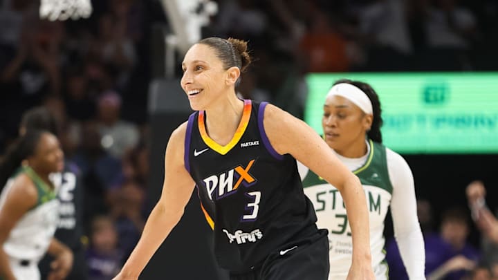 Phoenix Mercury guard Diana Taurasi smiles after hitting a three-pointer on Sept. 19, 2024 at Footprint Center in Phoenix.