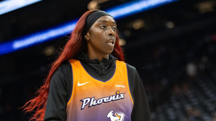 Phoenix Mercury guard Kahleah Copper (2) warms up in a Phoenix Mercury guard Diana Taurasi (3) jersey on Sept. 19, 2024 at Footprint Center in Phoenix.