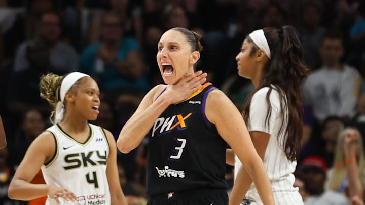 Phoenix Mercury guard Diana Taurasi (3) celebrates after hitting an and-one on Aug. 18, 2024 at Footprint Center in Phoenix.