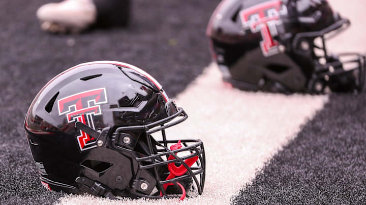 A Texas Tech helmet is seen before the the Texas Tech football team's spring game, Saturday, April 19, 2025, at Jones AT&T Stadium.