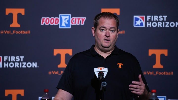 University of Tennessee football's head coach Josh Heupel speaks to the press on media day at the campus in Knoxville, Tuesday, July 30, 2024.