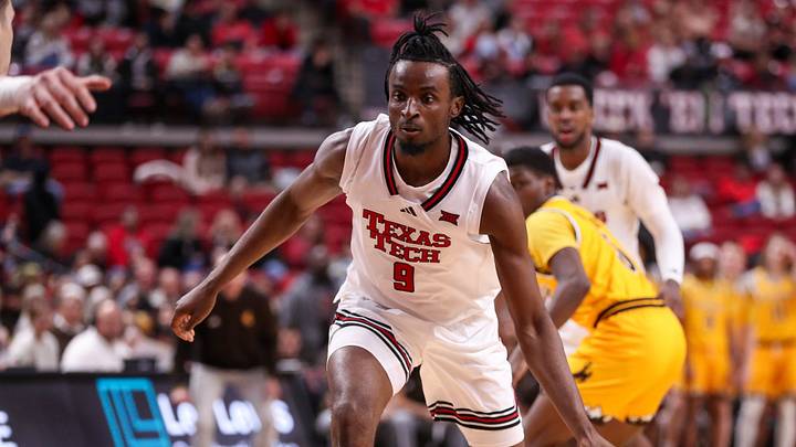 Texas Tech's Luke Bamgboye handles the ball against Wyoming during a non-conference men's basketball game, Sunday, Nov. 30, 2025, at United Supermarkets Arena.