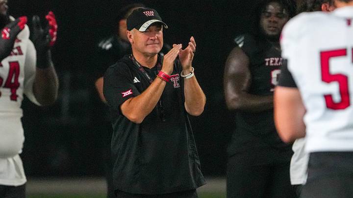 Texas Tech head coach Joey McGuire looks on during football practice, Wednesday, Aug. 5, 2026, at the Womble Football Center.