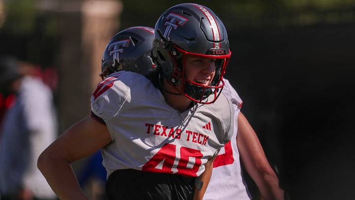 Texas Tech's Stone Harrington jogs off the field during spring football practice, Thursday, April 2, 2026, at the Womble Football Center.
