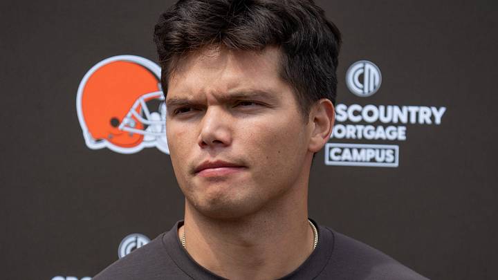 Dillon Gabriel answers media questions at the end of the Browns mini camp in Berea on April 21, 2026.