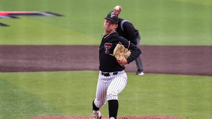 Texas Tech's Jack Cebert, acquired by the Nationals at the deadline, pitches against Cincinnati during a Big 12 baseball game, Friday, April 4, 2025, at Dan Law Field.