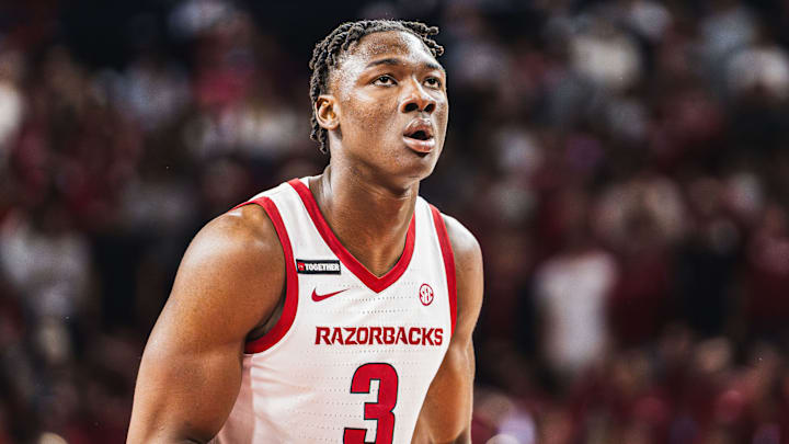 Adou Thiero (3) at the free-throw line against the Troy Trojans. The Razorbacks won 65-49. Adou Thiero (3) at the free-throw line against the Troy Trojans. The Razorbacks won 65-49.