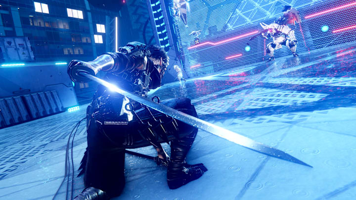A futuristic ninja in a building bathed in blue light holding out his sword with a robot in the distance.