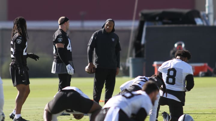 Las Vegas Raiders Head Coach Antonio Pierce, Talking with His Players Before Practice