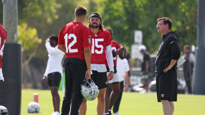 Las Vegas Raiders Quarterbacks Aidan O'Connell, Gardner Minshew and Coach Rich Scangarello