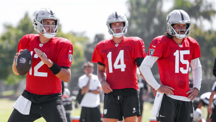 Las Vegas Raiders QBs Aidan O'Connell, Carter Bradley, Gardner Minshew