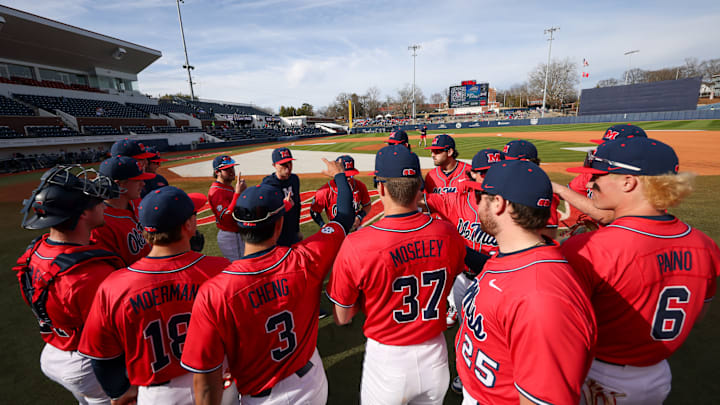 The Ole Miss baseball team prior to taking the field against Wright State on March 1, 2025. The Ole Miss baseball team prior to taking the field against Wright State on March 1, 2025.