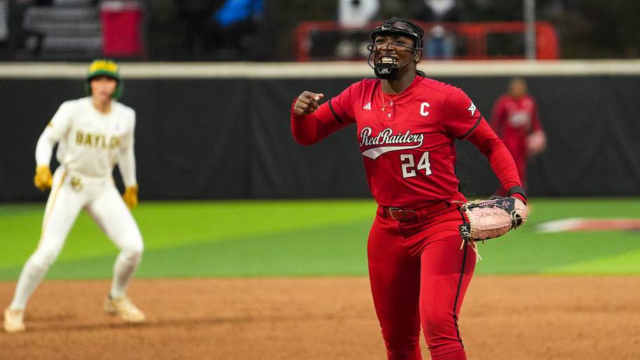 Texas Tech's NiJaree Canady reacts to a strikeout against Baylor during a Big 12 Conference softball game.