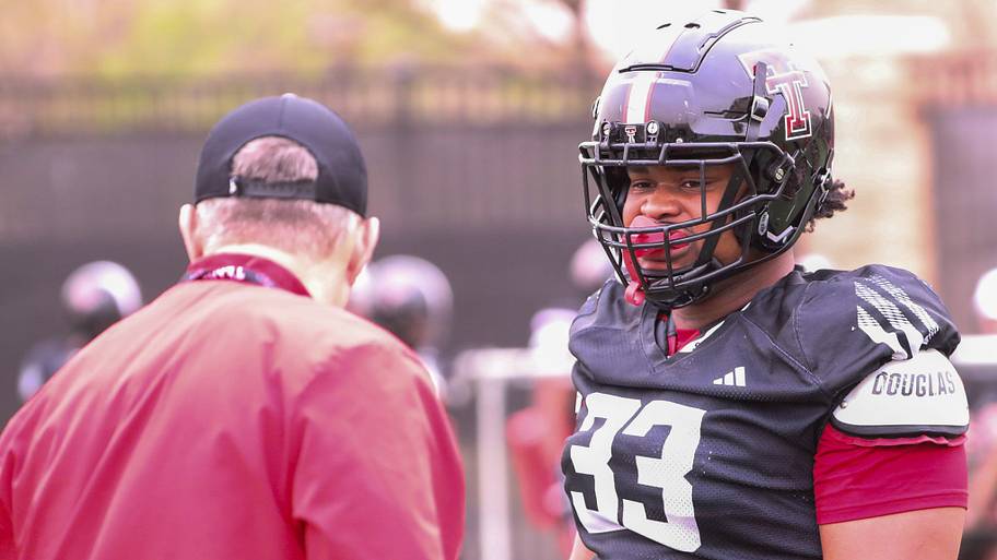 Texas Tech’s Anthony Holmes Jr. goes through a drill during spring practice.