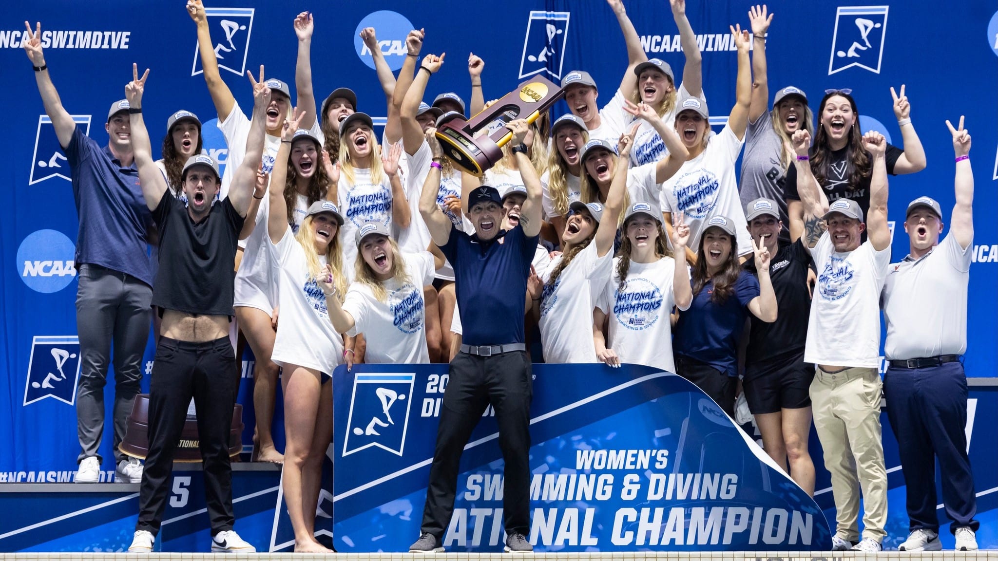 Virginia celebrates winning the 2024 NCAA Division I Women's Swimming & Diving National Championship