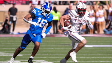 Texas Tech's Coy Eakin runs after a catch against BYU during a Big 12 Conference football game, Saturday, Nov. 8, 2025, at Jones AT&T Stadium.