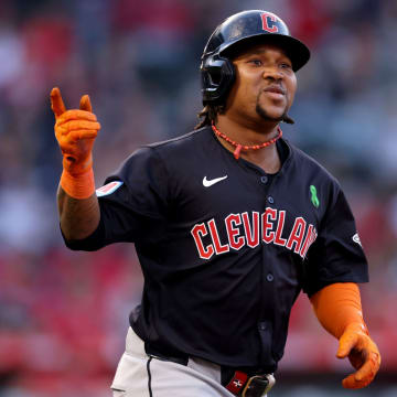 Cleveland Guardians' Jose Ramirez celebrate a two-run home run against the Los Angeles Angels on May 25