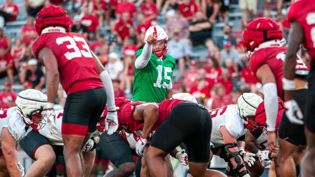 Dylan Raiola calls signals during Nebraska football's public scrimmage on Aug. 3, 2024.