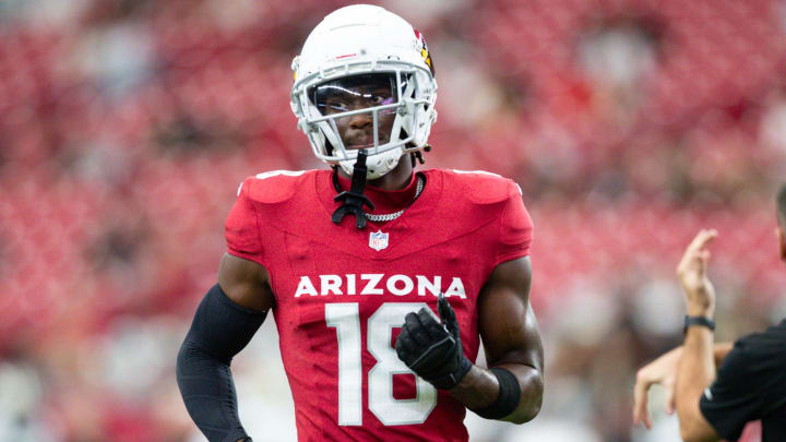 Arizona Cardinals wide receiver Marvin Harrison Jr. (18) warms up before a preseason game on Aug. 10, 2024 at State Farm Stadium in Glendale.