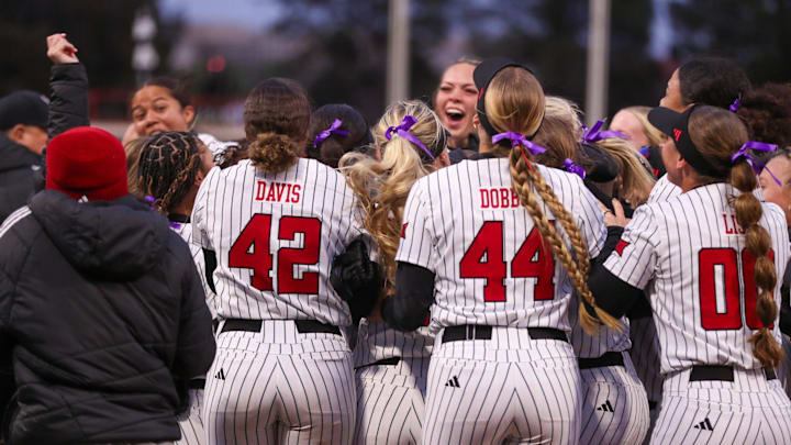 Texas Tech teammates celebrate NiJaree Canady receiving a golden ticket to the 2026 AUSL draft, Friday, March 27, 2026, at Tracy Sellers Field.