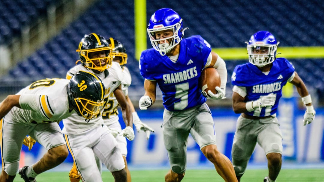 Detroit Catholic Central's Samson Gash returns a punt during the 52nd annual Prep Bowl on Saturday, Oct. 27, 2024, at Ford Field in Detroit.