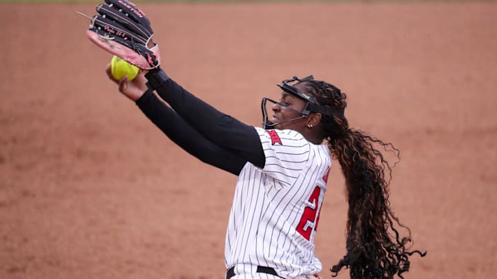 Texas Tech's NiJaree Canady pitches against Iowa State during a Big 12 Conference softball game, Friday, March 27, 2026, at Tracy Sellers Field.