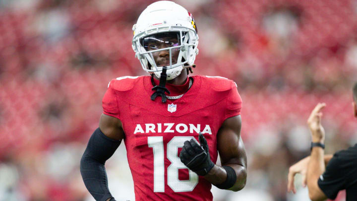 Arizona Cardinals wide receiver Marvin Harrison Jr. (18) warms up before a preseason game on Aug. 10, 2024 at State Farm Stadium in Glendale.