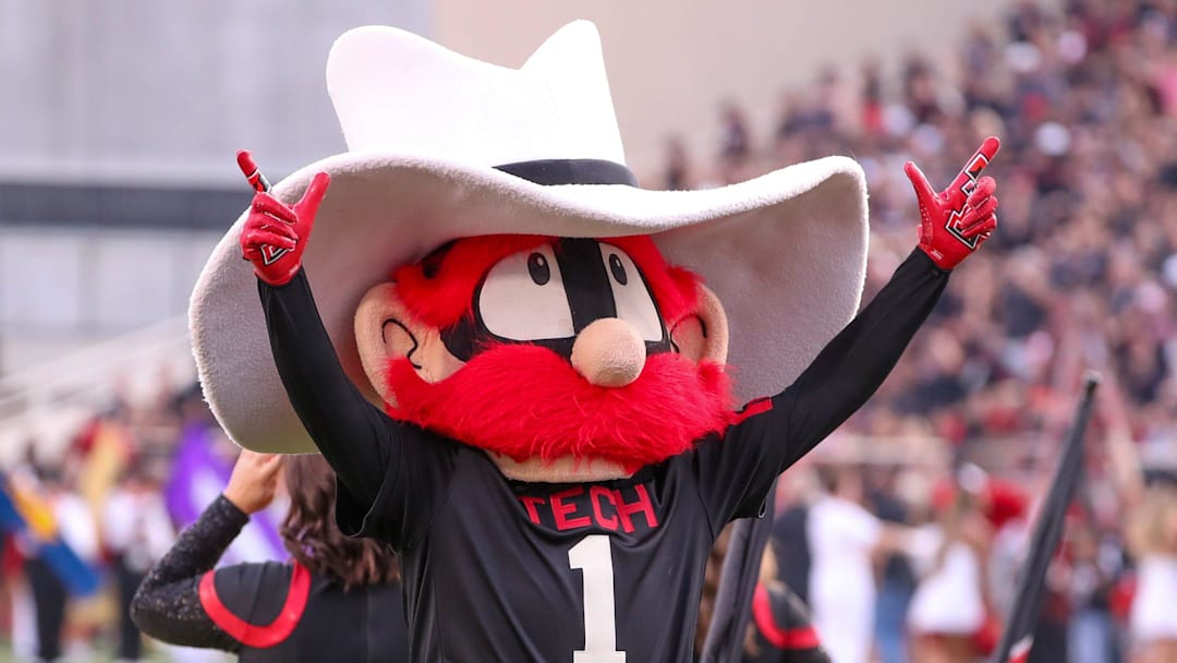 The Texas Tech mascot gestures to the crowd before a Big 12 Conference football game, Saturday, Oct. 11, 2025, at Jones AT&T Stadium in Lubbock.