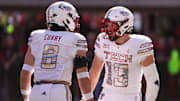 Texas Tech linebackers Ben Roberts and John Curry react to a play against BYU during a Big 12 Conference football game, Saturday, Nov. 8, 2025, at Jones AT&T Stadium.