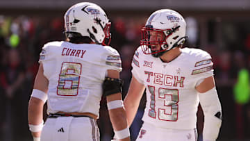 Texas Tech linebackers Ben Roberts and John Curry react to a play against BYU during a Big 12 Conference football game, Saturday, Nov. 8, 2025, at Jones AT&T Stadium.