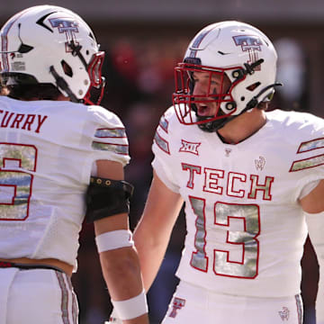Texas Tech linebackers Ben Roberts and John Curry react to a play against BYU during a Big 12 Conference football game, Saturday, Nov. 8, 2025, at Jones AT&T Stadium.