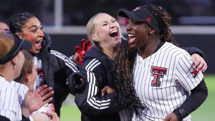 Texas Tech's NiJaree Canady celebrates with teammates after receiving a golden ticket to the 2026 AUSL draft, Friday, March 27, 2026, at Tracy Sellers Field.