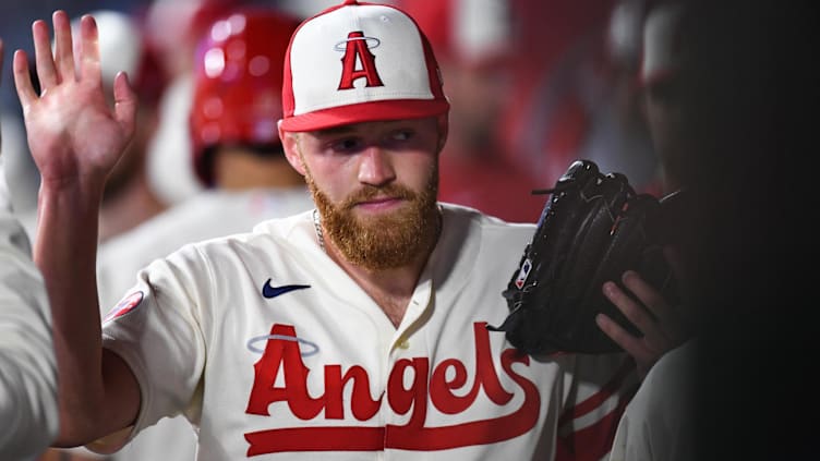 May 26, 2023; Anaheim, California, USA; Los Angeles Angels pitcher Sam Bachman (40) celebrates in