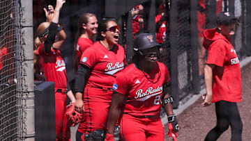 Texas Tech players and coaches react to Alana Johnson's 17-pitch at-bat against Mississippi State in the Lubbock Regional championship game of the 2025 NCAA softball tournament, Sunday, May 18, 2025, at Rocky Johnson Field.