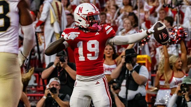 Jaylen Lloyd celebrates a Nebraska first down in the redzone against Colorado.