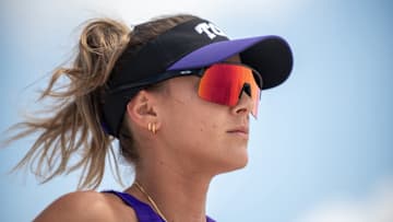 TCU beach volleyball player Tania Moreno pushing the match to the final set.