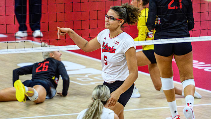 Rebekah Allick reacts to a block for a point against Maryland. The Huskers will renew their rivalry with Penn State on Friday. 
