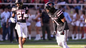 Texas Tech's A.J. McCarty celebrates making a tackle during a Big 12 Conference football game, Saturday, Nov. 15, 2025, at Jones AT&T Stadium.