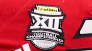 A patch is seen on the Texas Tech jerseys during the Big 12 Conference championship football game, Saturday, Nov. 6, 2025, at AT&T Stadium in Arlington.