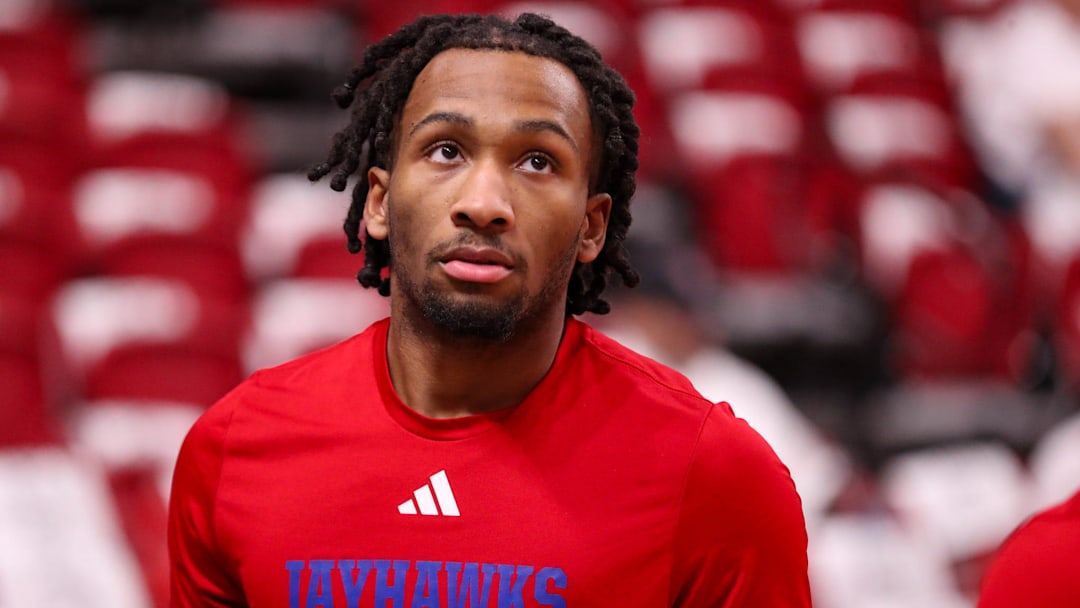 Kansas' Darryn Peterson warms up before a Big 12 Conference men's basketball game