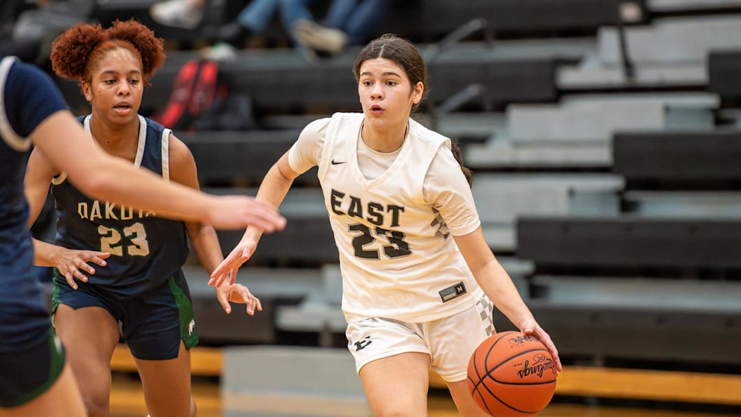 South Lyon East's Mack Reid drives to the basket during a girls basketball game on Wednesday, Jan. 7, 2026.