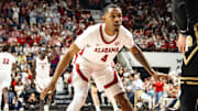 Alabama freshman Davion Hannah guards the inbound against Purdue in the first half of the game on November 13, 2025.